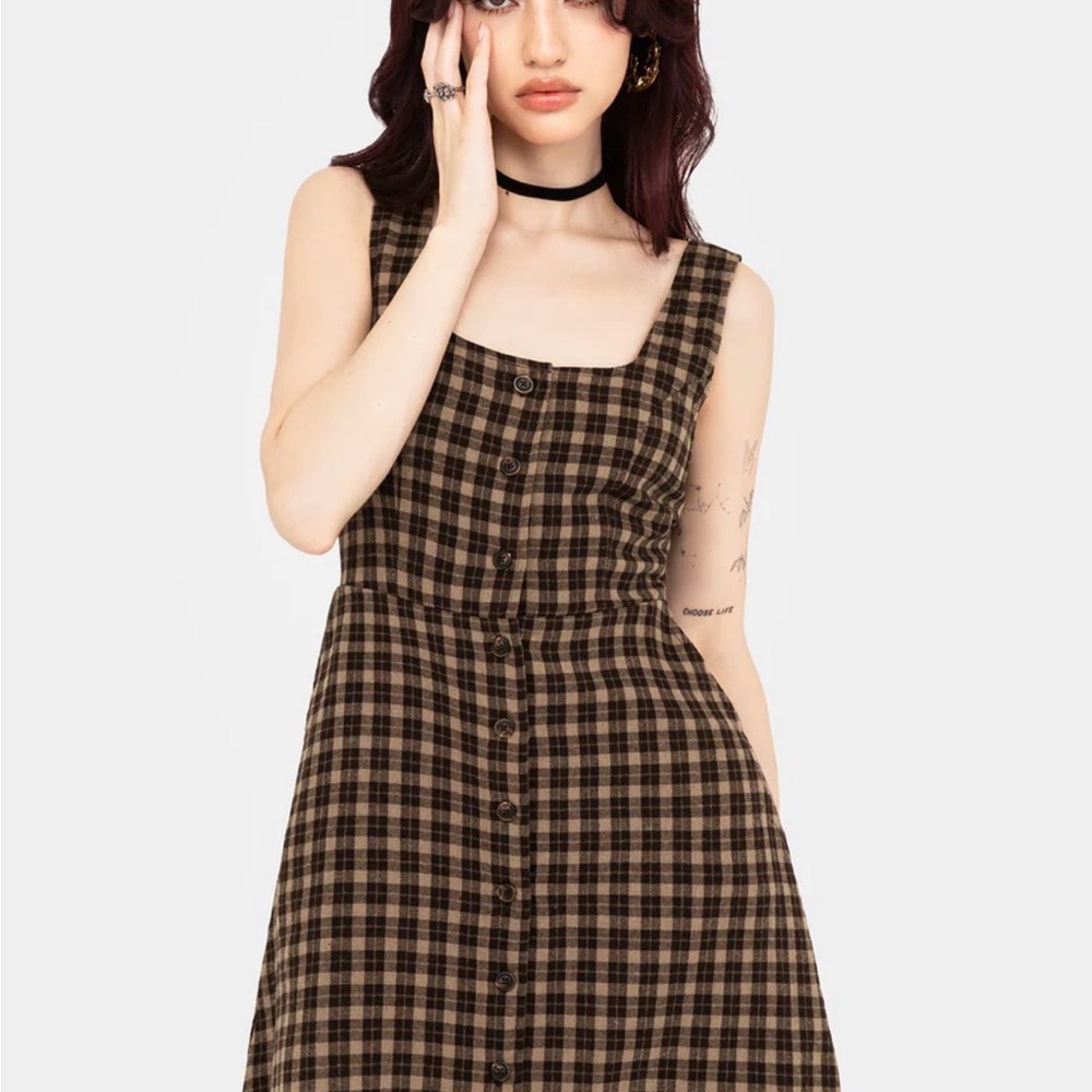Plaid Button-Front Sleeveless Dress - Brown/Black